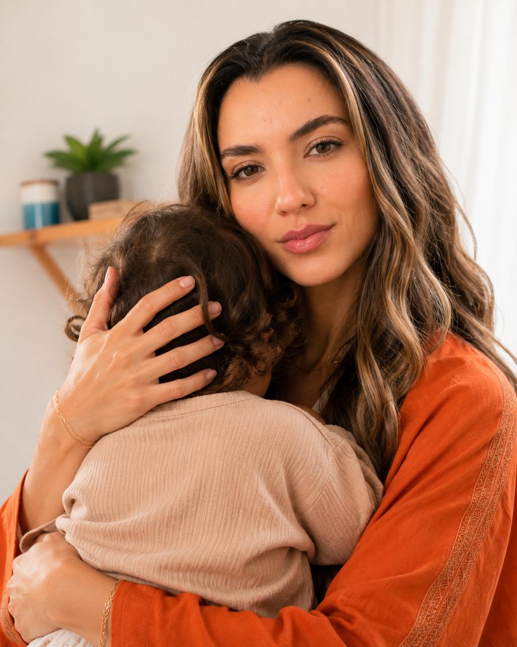 Gabriela Pina acolhendo o filho pequeno em casa, com luz natural clara