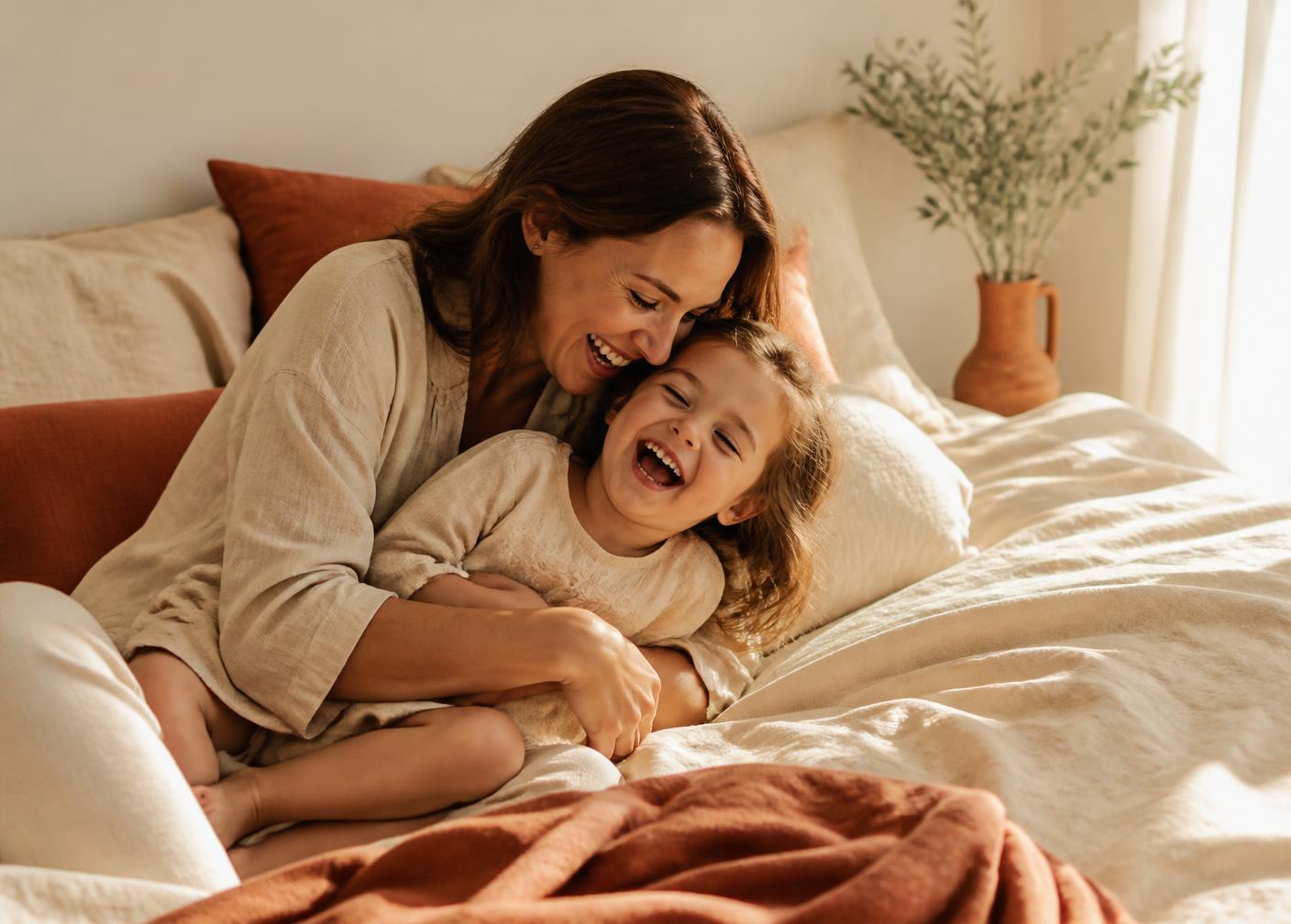 Mãe e filho juntos na cama pela manhã